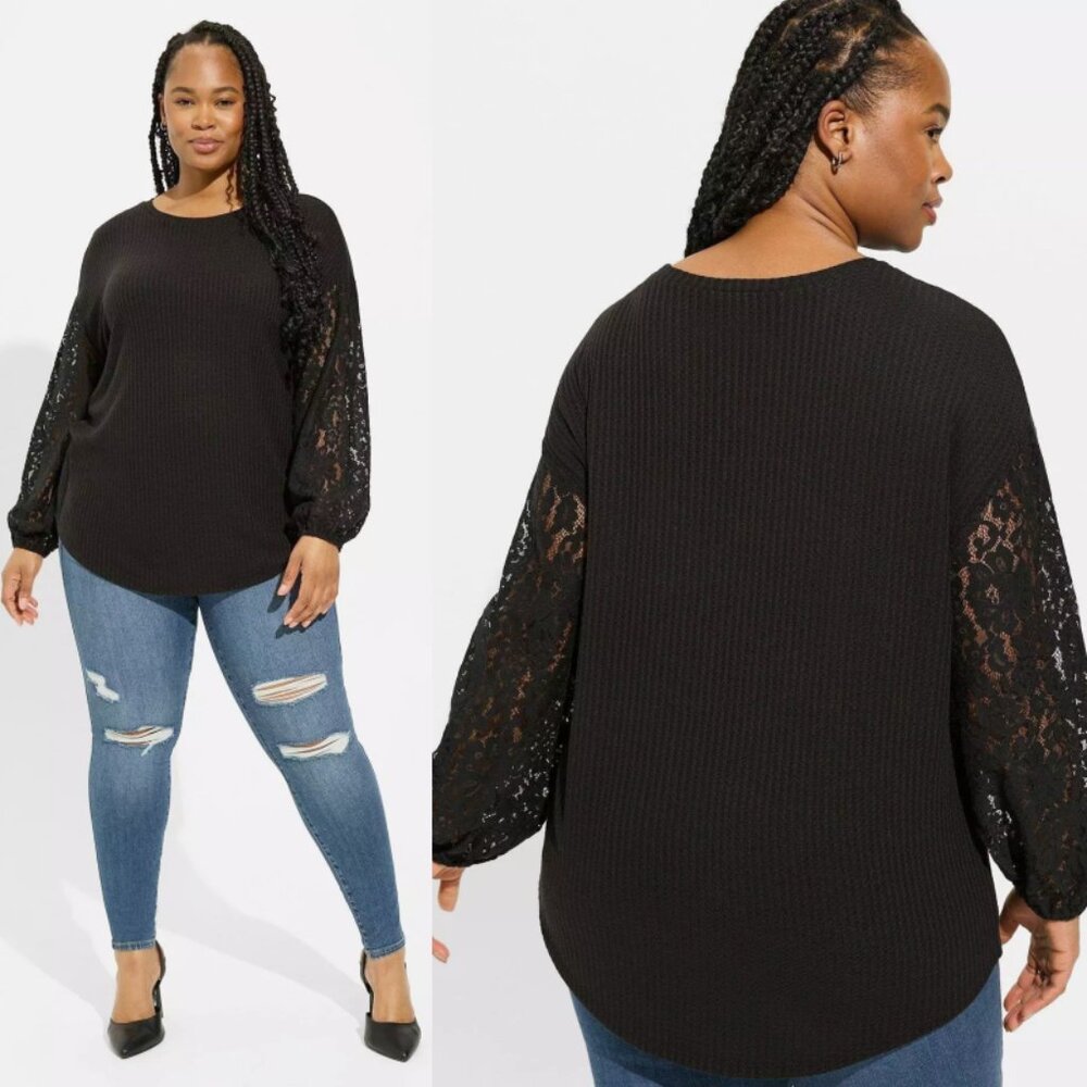 NWT Torrid 2 Black Waffle Crew Neck Drop Shoulder Lace Top 2X 18 20